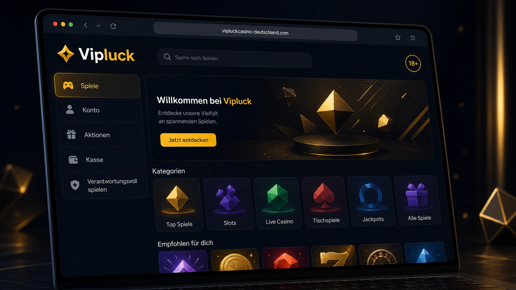 Vipluck Online Casino und Benutzeroberfläche